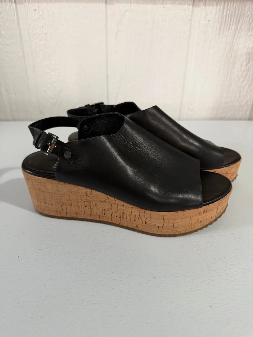 Eileen Fisher Black Leather Cork Platform Slingback Sandals Women’s 8.5
